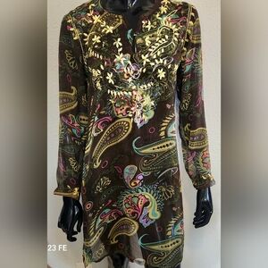 Boho 100% Silk Embroidered Paisley And Floral Tunic Size L